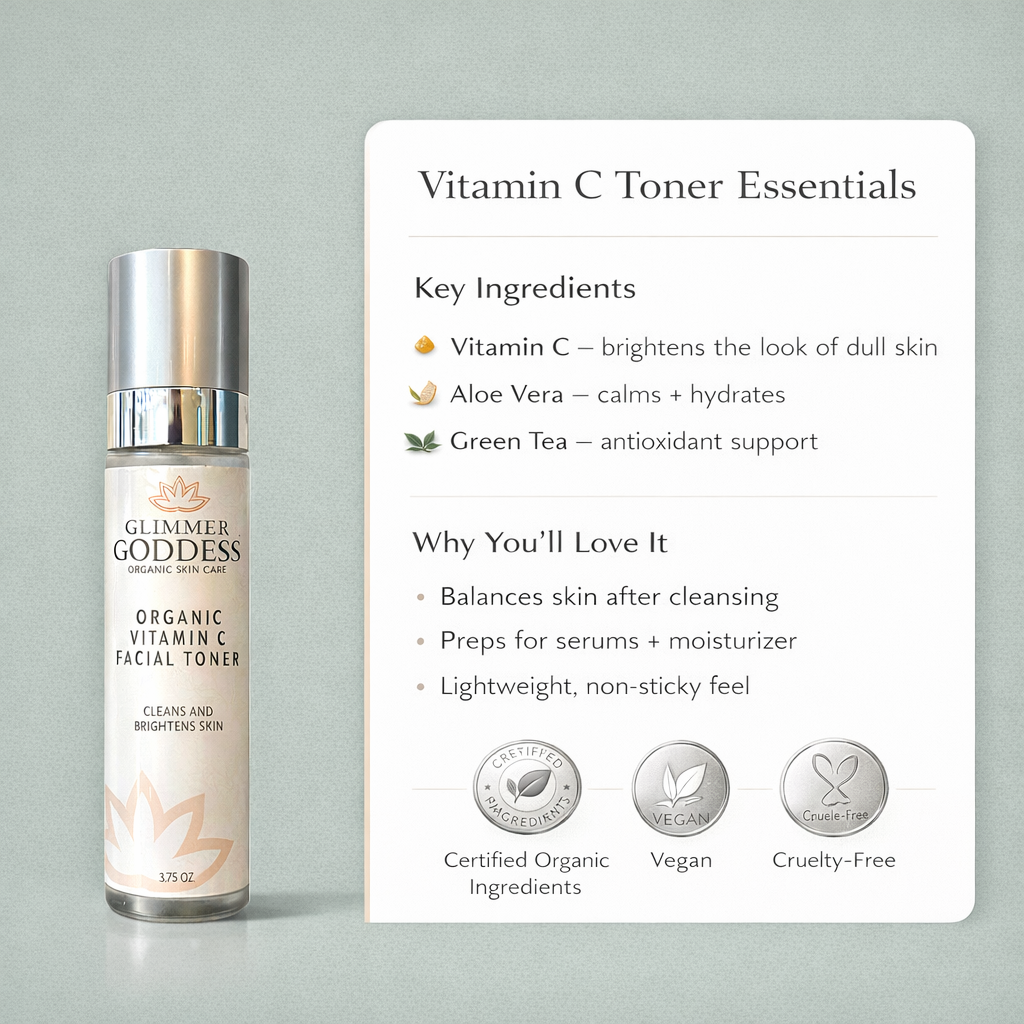 Glimmer Goddess organic facial toner with vitamin C and witch hazel – natural astringent for smoother, brighter skin