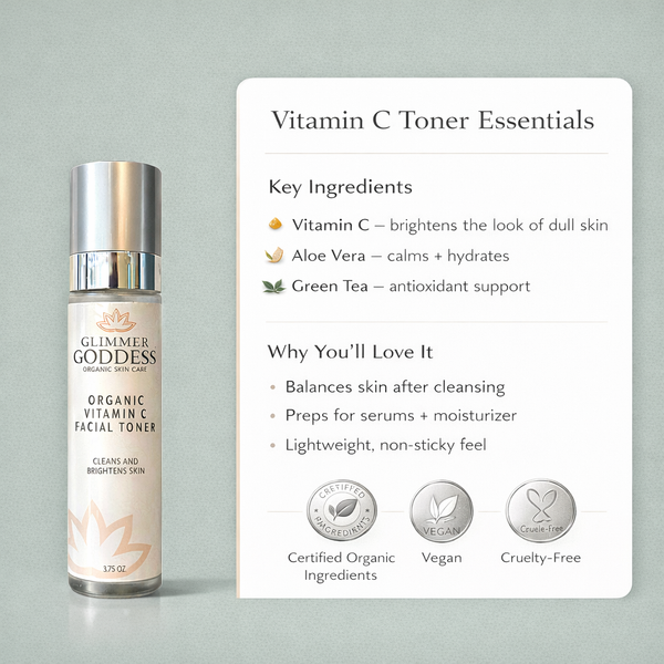 Glimmer Goddess organic facial toner with vitamin C and witch hazel – natural astringent for smoother, brighter skin