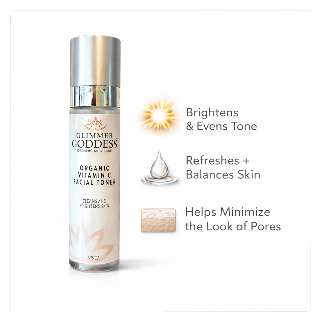 Organic Vitamin C Toner by Glimmer Goddess – plant-based brightening toner with witch hazel, handcrafted in Texas