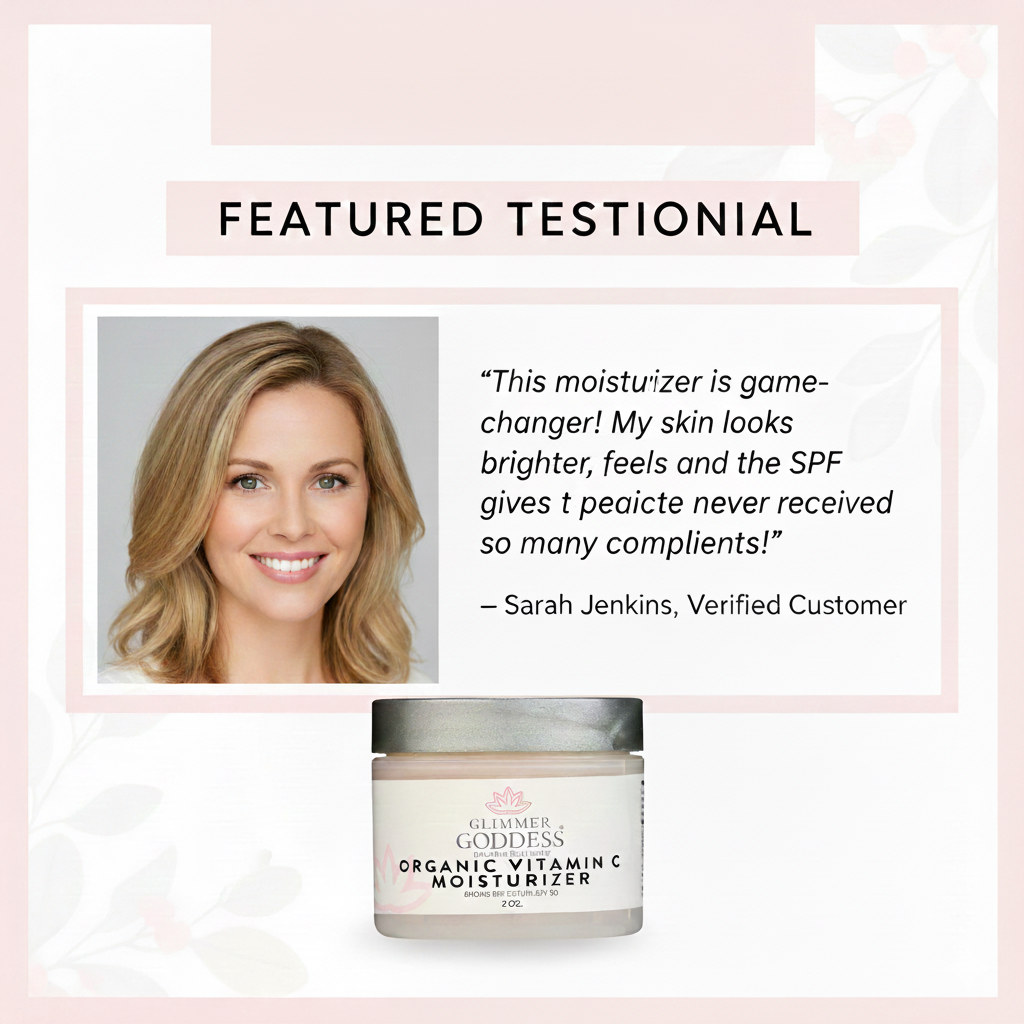 Glimmer Goddess organic vitamin C moisturizer with a testimonial from a satisfied customer on a pink background