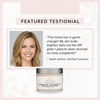 Glimmer Goddess organic vitamin C moisturizer with a testimonial from a satisfied customer on a pink background