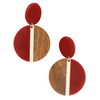 Volcano wood and hand-poured red resin circle statement earrings by Fair Anita on white background