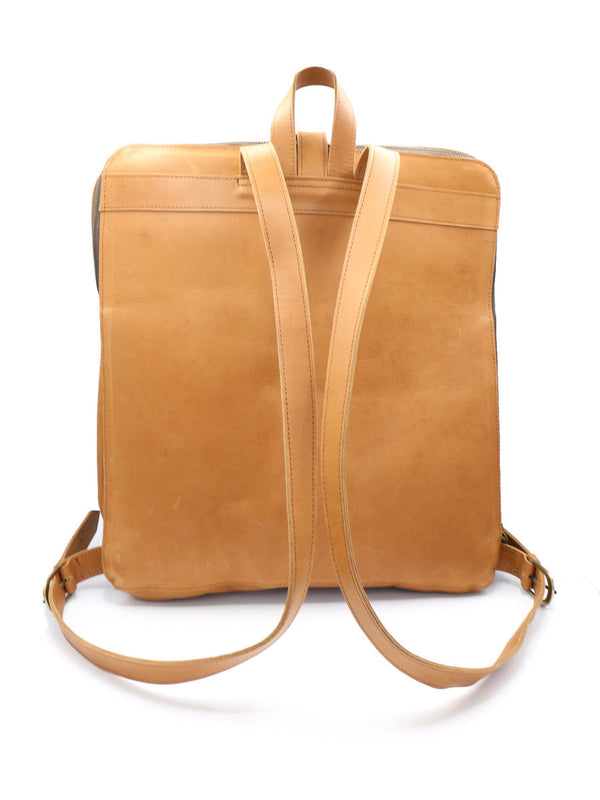 Tan leather backpack on a white background