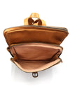 Open brown leather backpack on a white background