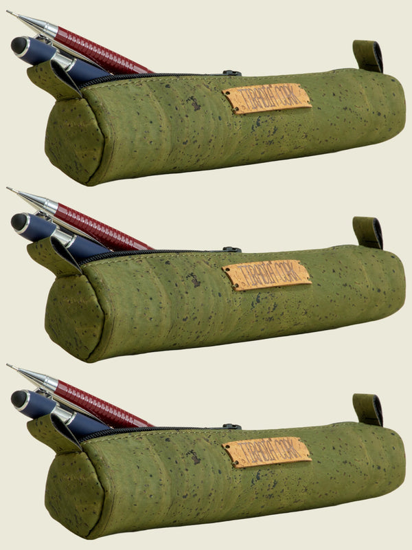 Green textured pencil case with pens on a beige background