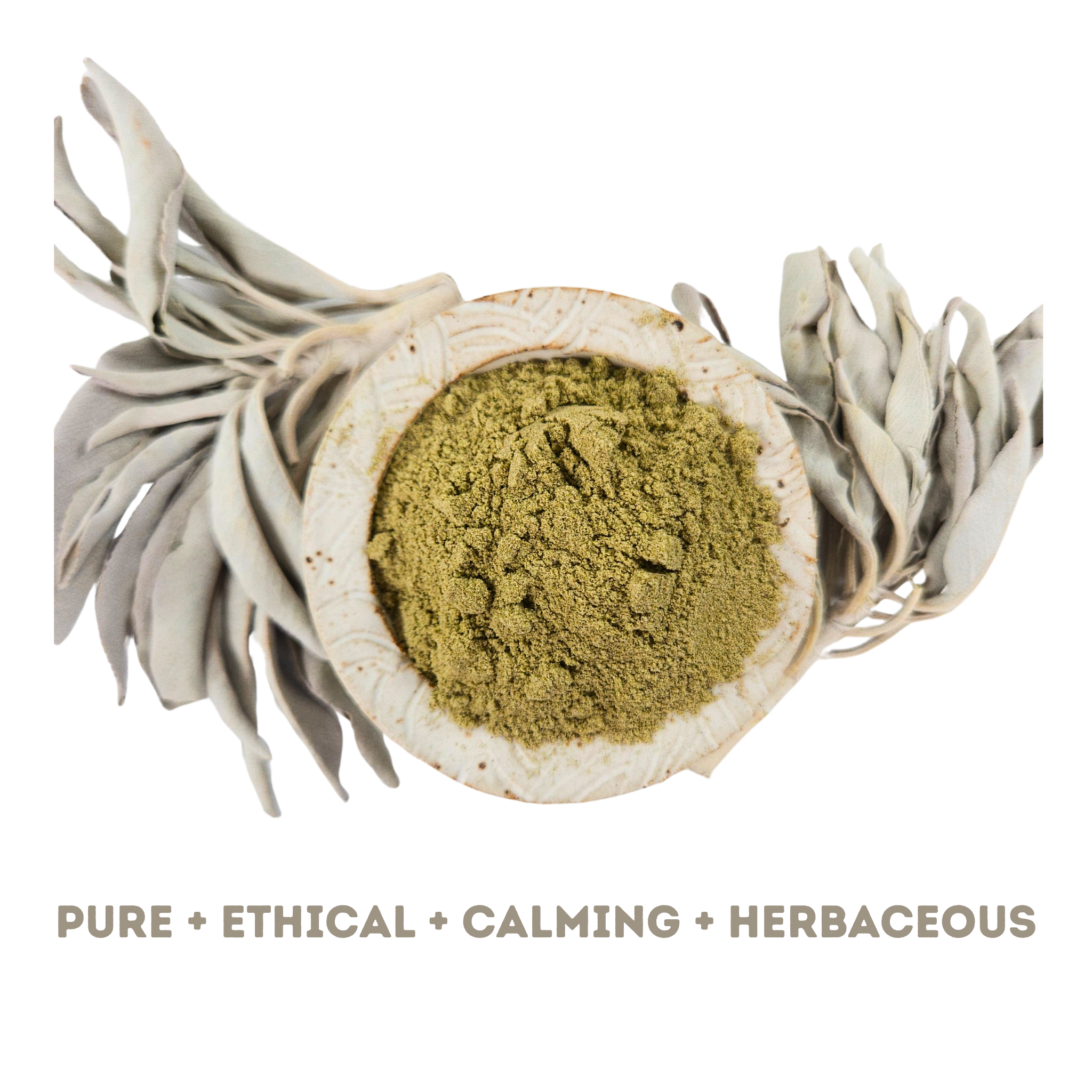 Herbal product with dried leaves on a white background, labeled as 'Pure + Ethical + Calming + Herbaceous'.