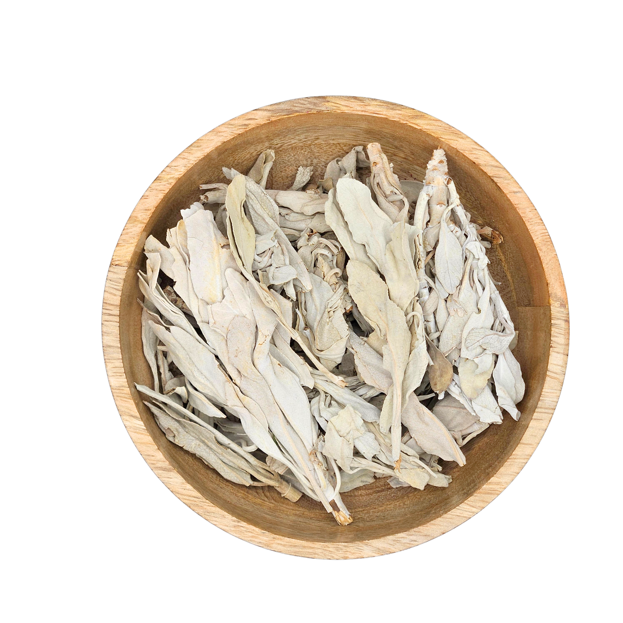 Wooden bowl filled with dried herbs on a white background