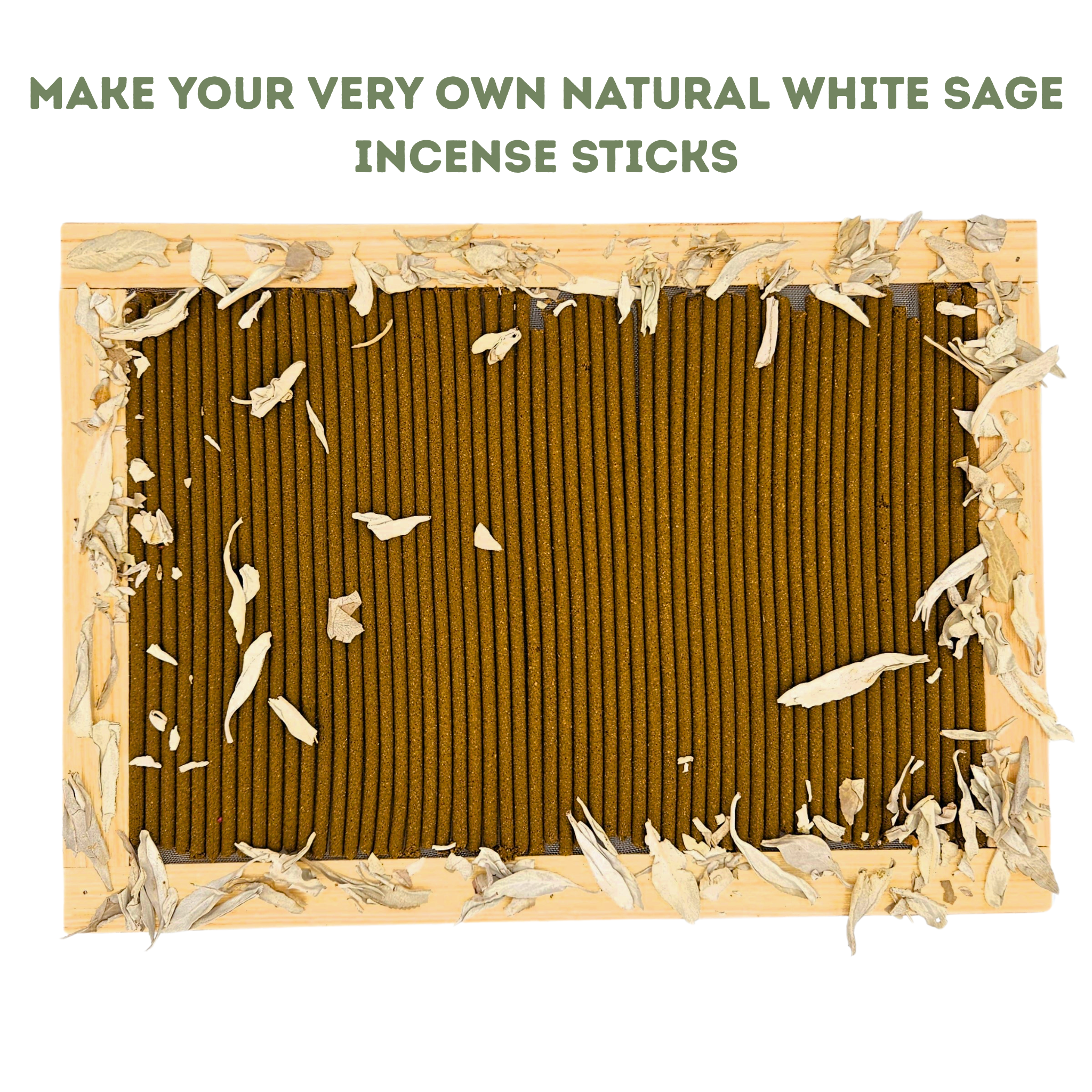 Incense-making kit with white sage leaves and wooden frame on a white background