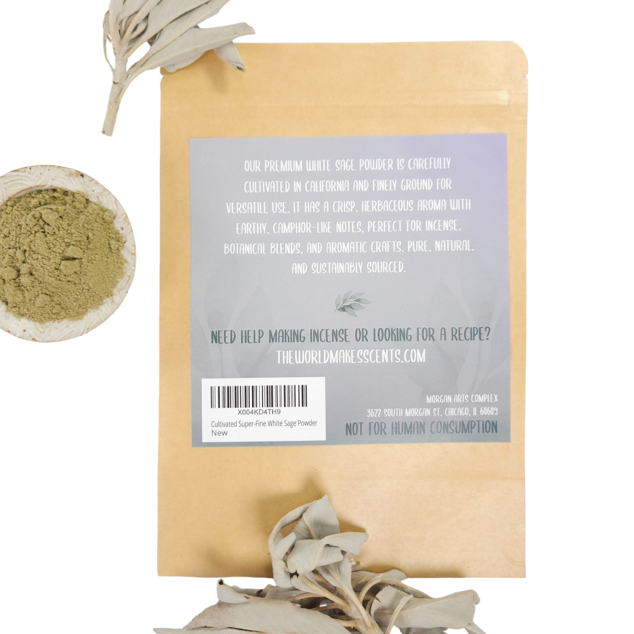 Beige packaging with a label, surrounded by dried herbs and a bowl of green powder.
