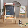 Children's wooden easel with chalkboard and whiteboard surfaces in a room setting.