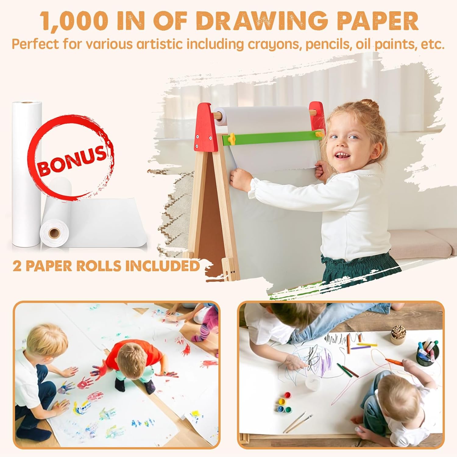 Accessories included with Tiny Land art easel — painting cups, paper roll and child-safe cutter