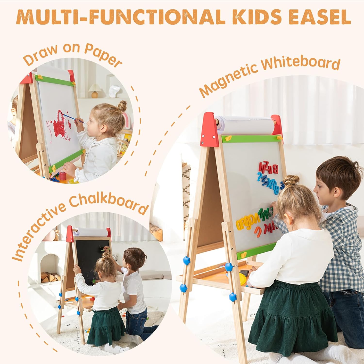 Multi-functional kids easel with children using it for drawing on paper, magnetic whiteboard, and interactive chalkboard.