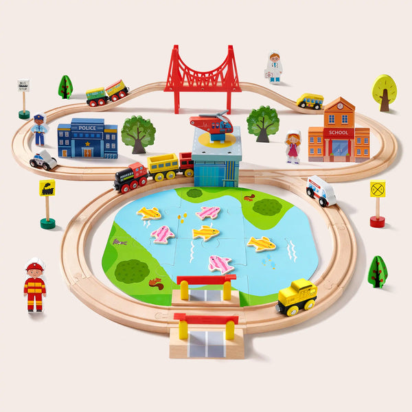Wooden toy train set with tracks, buildings, and figures on a white background