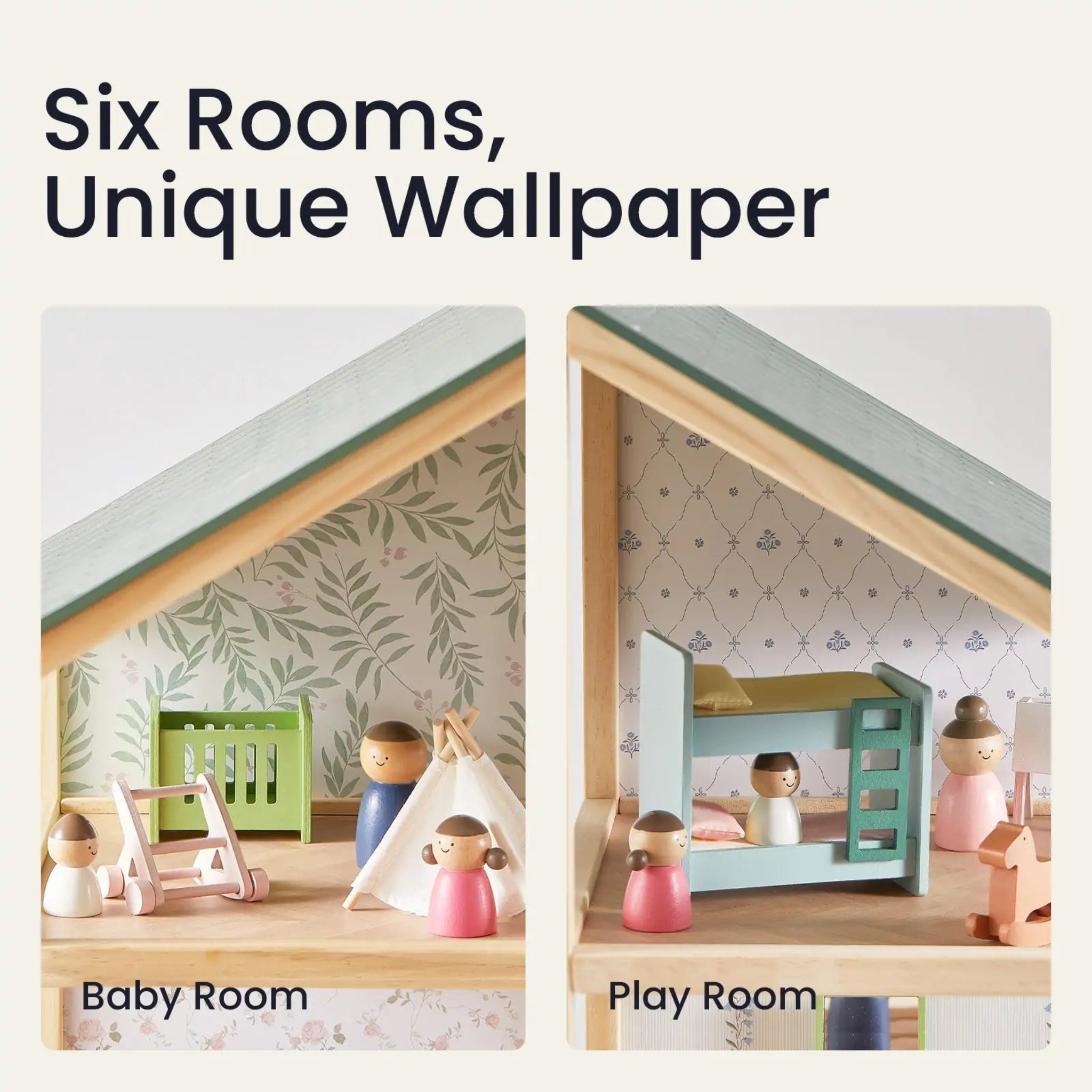 Model house with different rooms and wallpaper designs, labeled 'Baby Room' and 'Play Room'.