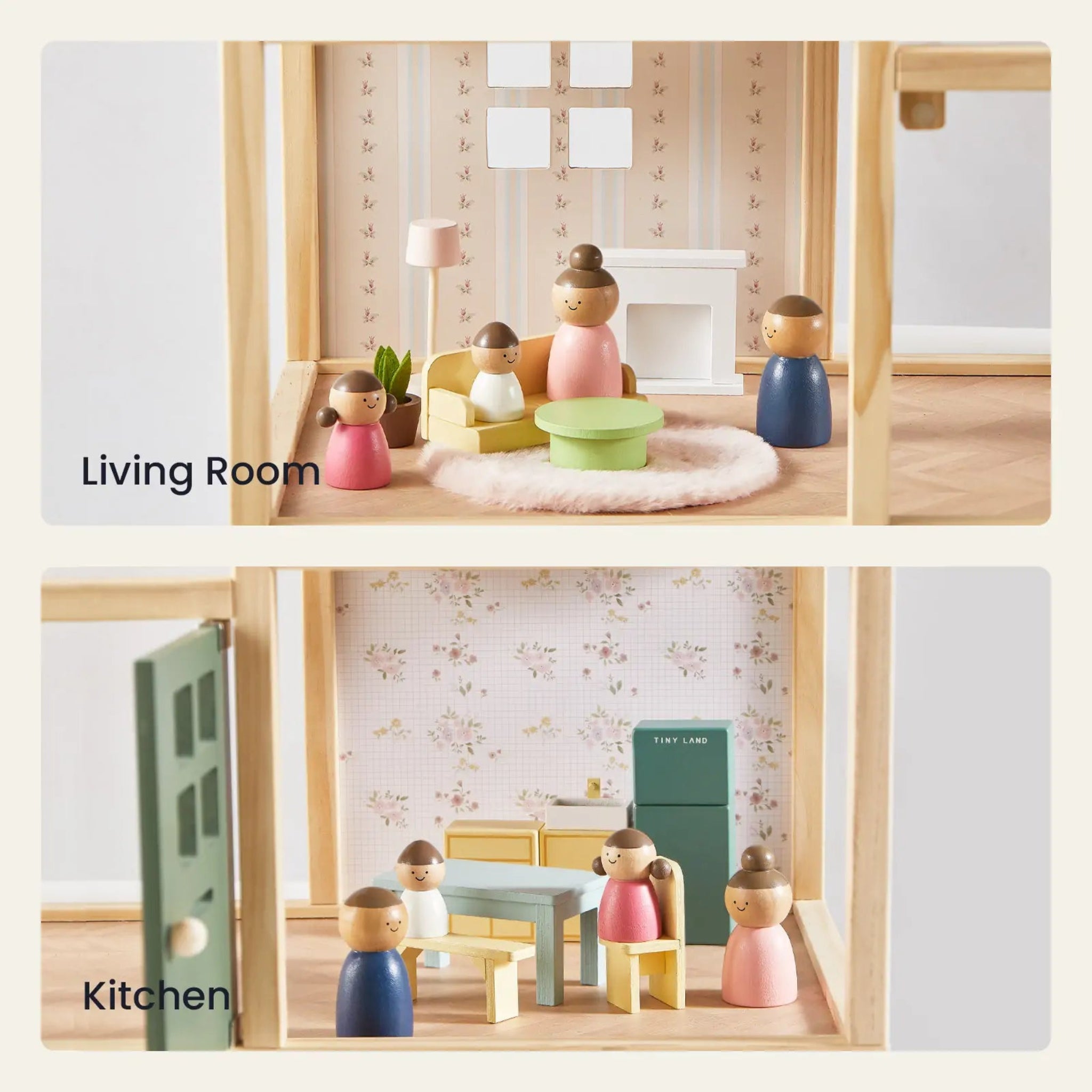 Collage of a miniature living room and kitchen set with wooden figures and furniture.
