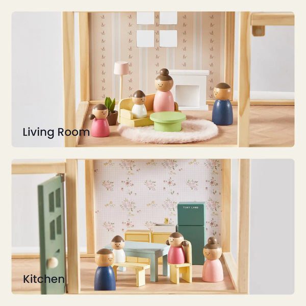 Collage of a miniature living room and kitchen set with wooden figures and furniture.