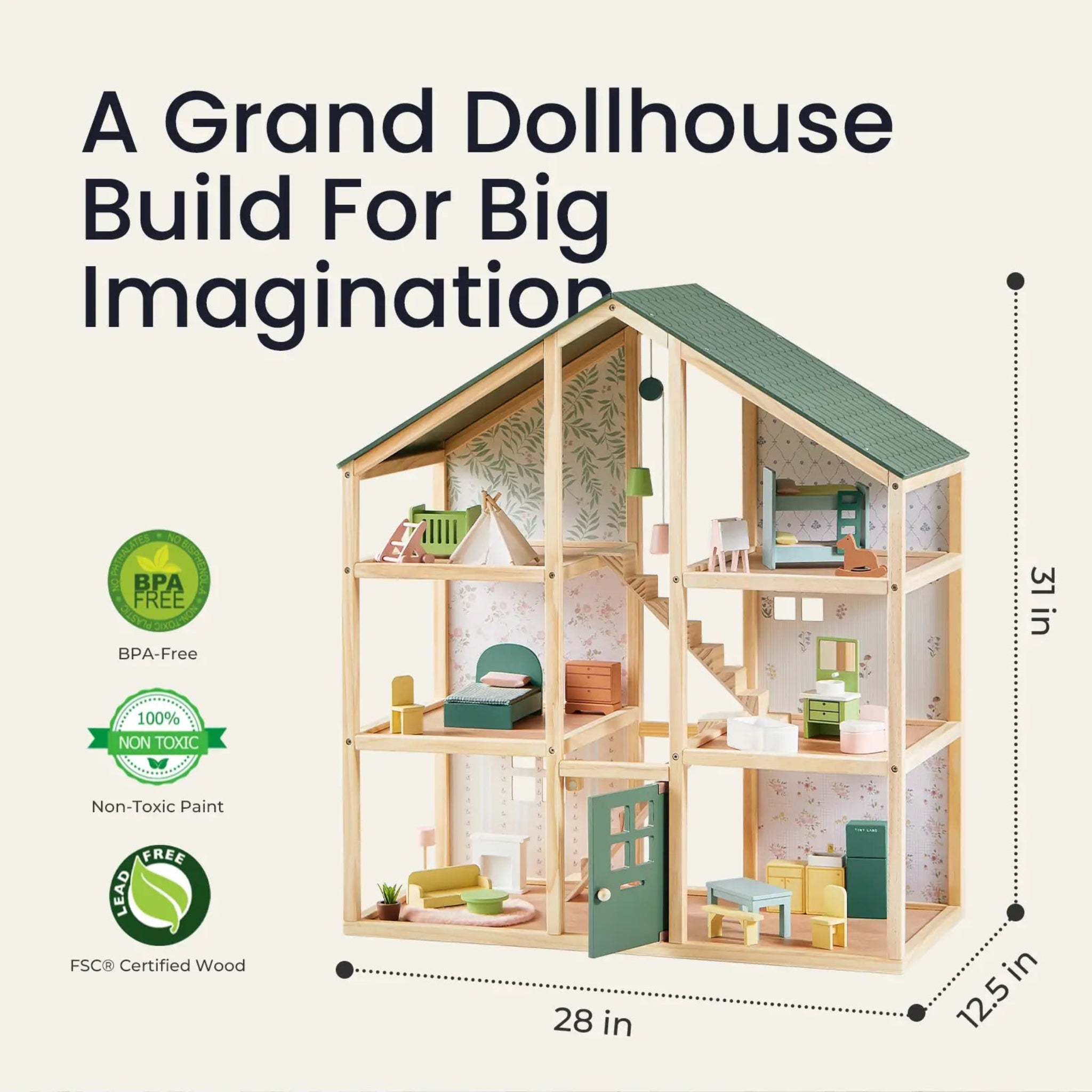 Wooden dollhouse with green roof and interior furniture, labeled 'A Grand Dollhouse Build For Big Imagination'.