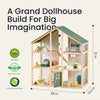 Wooden dollhouse with green roof and interior furniture, labeled 'A Grand Dollhouse Build For Big Imagination'.