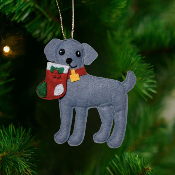 Caught with the Stocking Weimaraner Ornament, handmade Fair Trade felt Christmas ornament for dog lovers