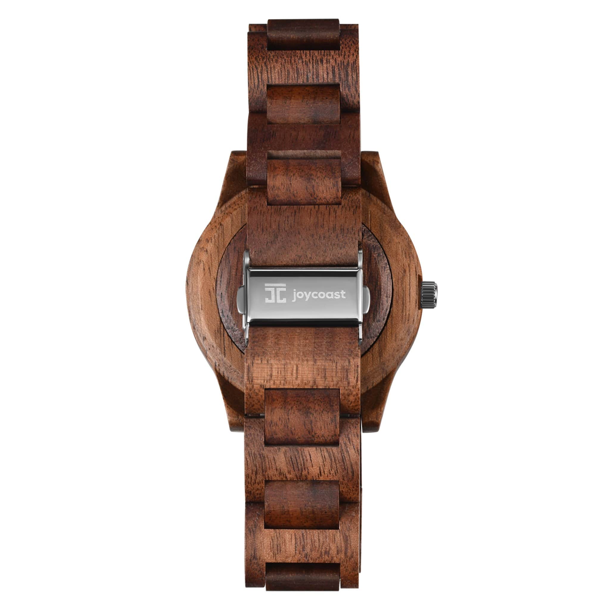 Wooden watch with brand logo on a white background