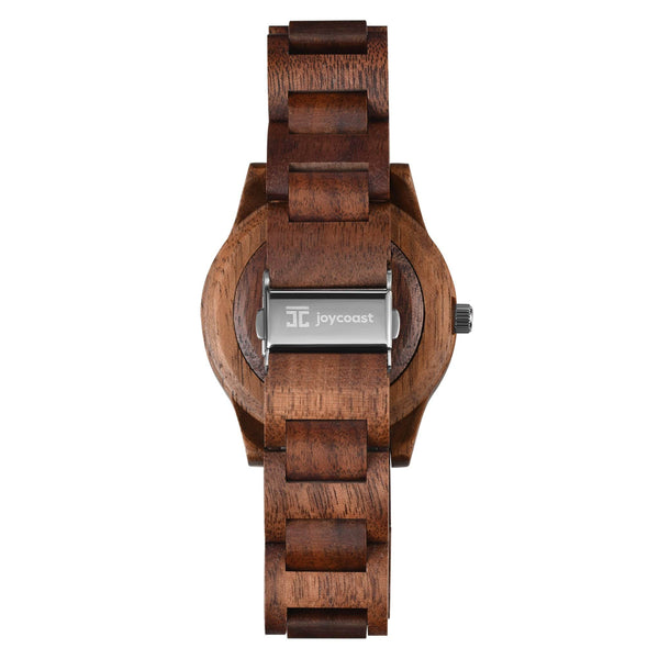 Wooden watch with brand logo on a white background