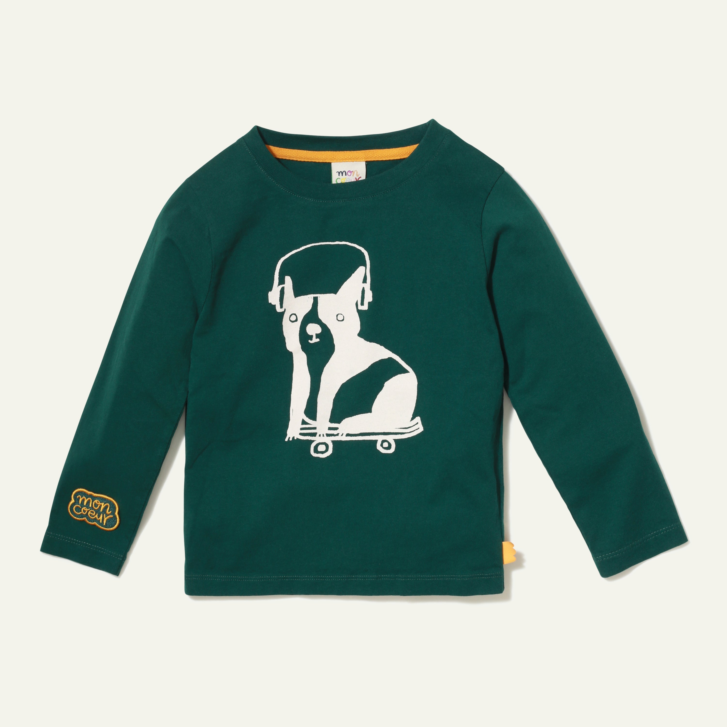 Mon Coeur Walter Baby Long-Sleeve T-Shirt in pine green with skateboarding dog graphic, made from recycled organic cotton