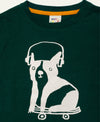 Close-up of skateboarding dog graphic on Mon Coeur Walter kids recycled cotton t-shirt