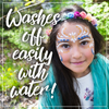 Young girl with face paint and floral headband outdoors, with text 'Washes off easily with water'.