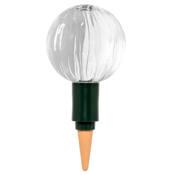 Blumat glass globe plant watering stake displayed in a potted plant – eco-friendly home accessory