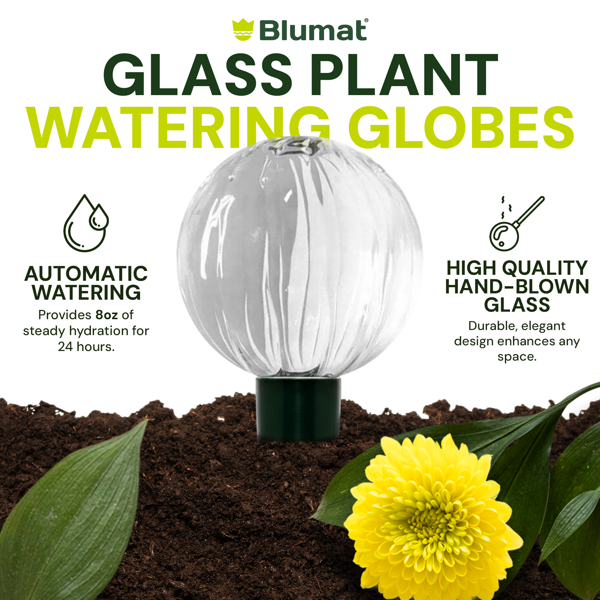 Blumat glass plant watering globe with a yellow flower and soil in the background