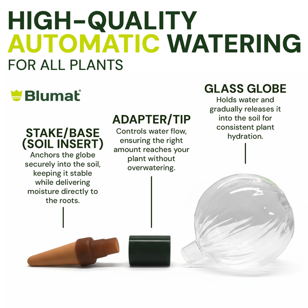 Blumat automatic watering system components with text explaining each part on a white background.
