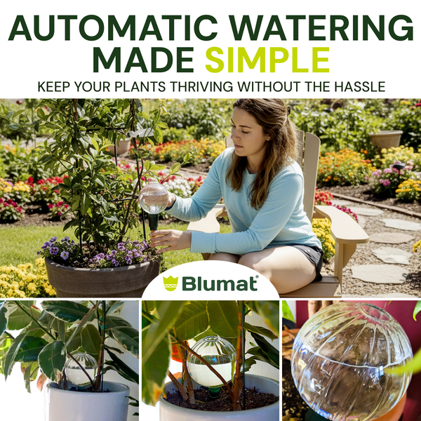 Woman watering plants with Blumat product, surrounded by garden scenes and Blumat branding.
