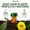 Blumat plant watering system with a yellow flower and text highlighting features.