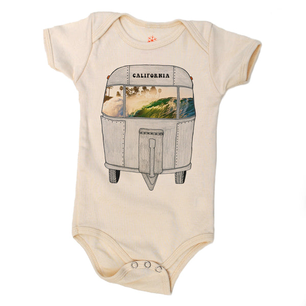 Baby onesie with a graphic of a camper van and 'California' text on a white background