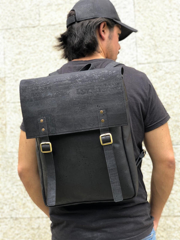 Tiradia Out and About Cork Backpack lifestyle shot — lightweight vegan travel and commuter bag