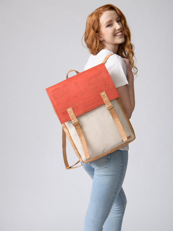 Front view of Tiradia cork backpack with magnetic snap top flap — eco-friendly laptop bag for everyday use