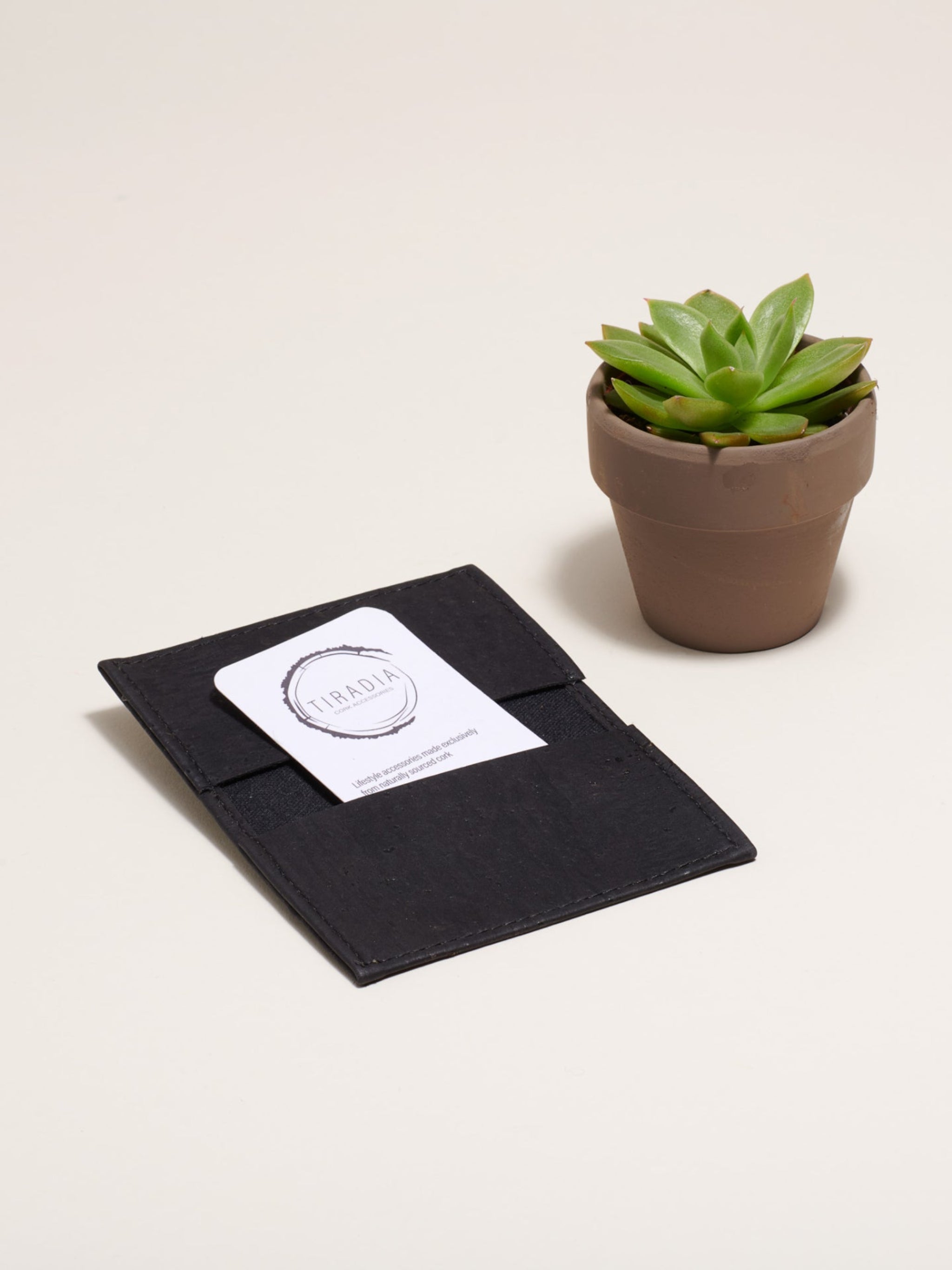 Black card holder with a white label and a small potted succulent on a light background