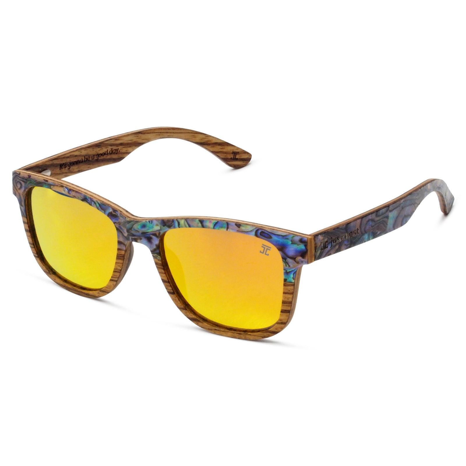 Joycoast Cirque Wayfinder wooden sunglasses with abalone shell inlay and polarized lenses