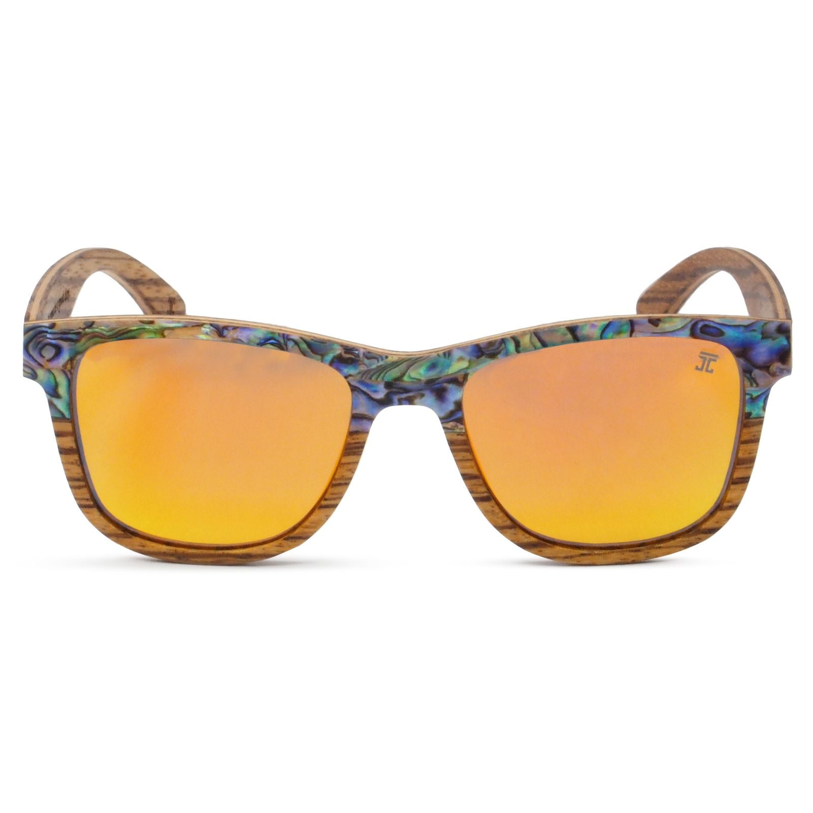 Joycoast Cirque Wayfinder wooden sunglasses flat lay showing abalone inlay and frame construction
