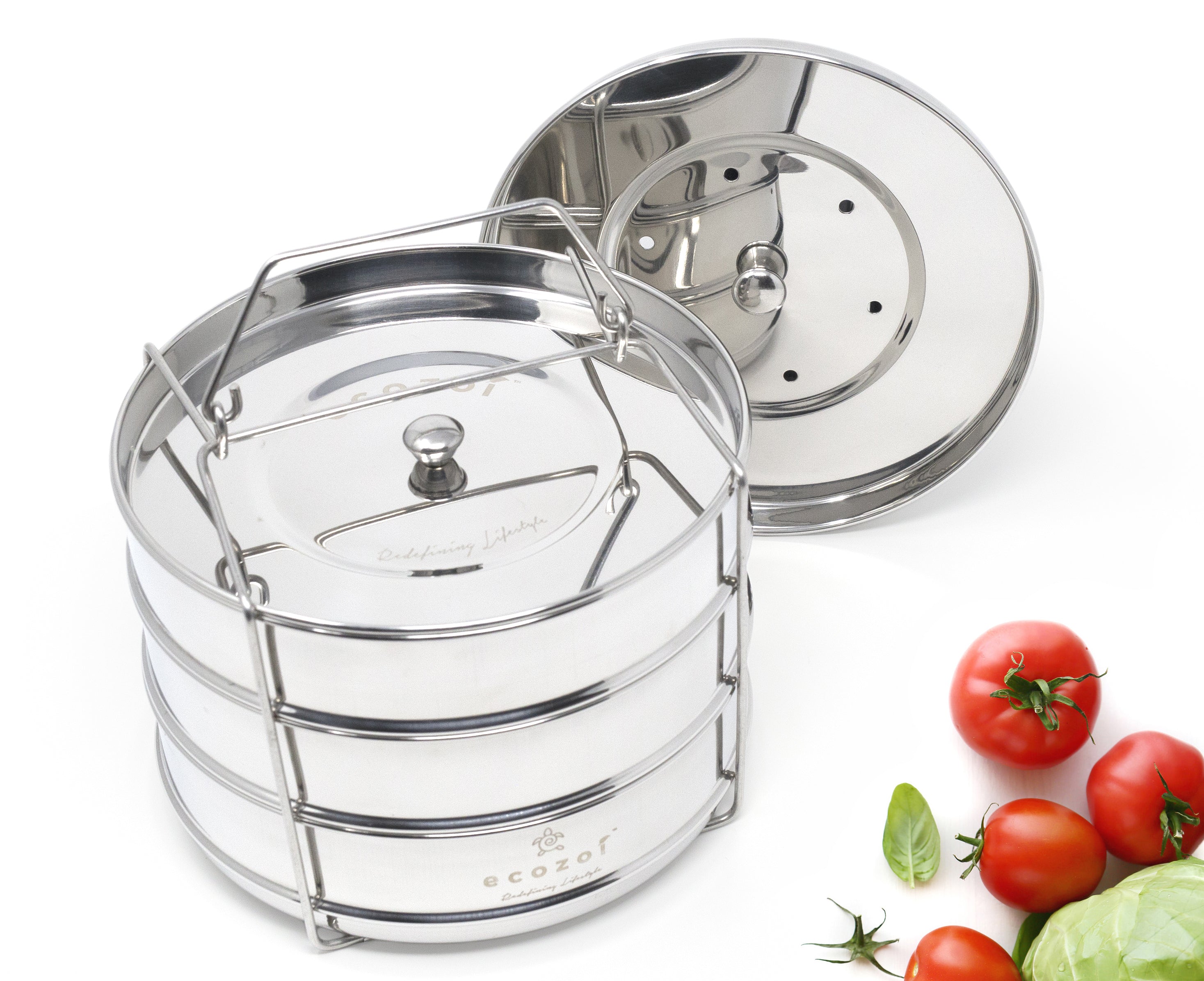 Ecozoi 3-tier stainless steel stackable insert pans for 6 Qt and 8 Qt Instant Pot pressure cookers on white background