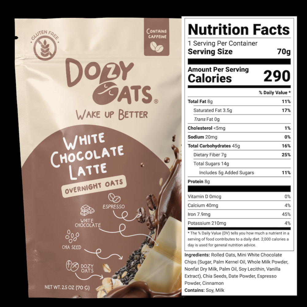 Doby Oats White Chocolate Latte overnight oats packaging with nutrition facts label.