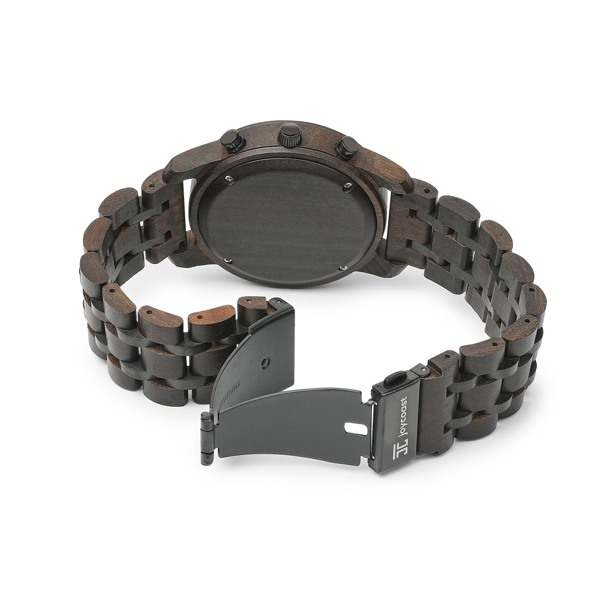 Joycoast Wild wooden chronograph watch showing zebrawood grain detail and three subdials on a flat lay surface
