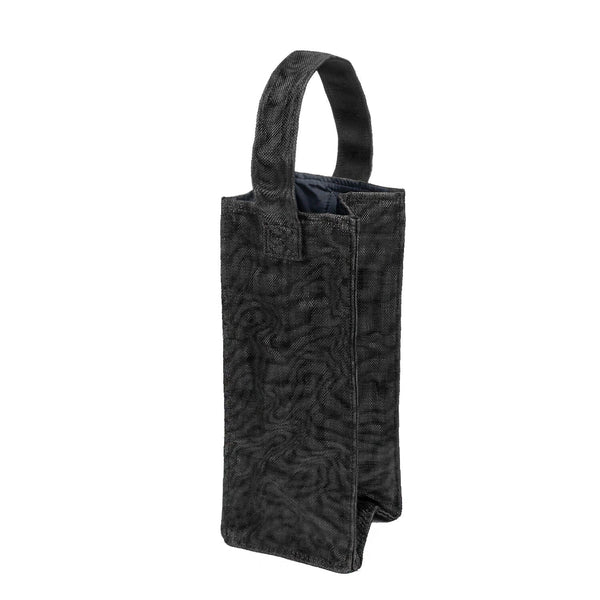 Black handmade wine tote bag made from repurposed industrial net by Smateria, side view