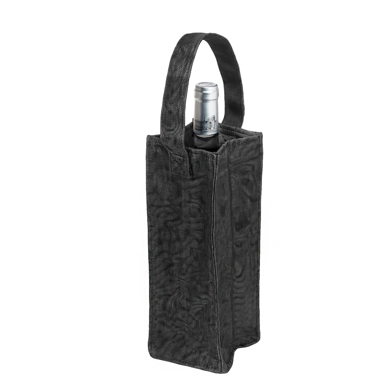 Black Smateria wine tote bag with wine bottle inside, showing fit and capacity