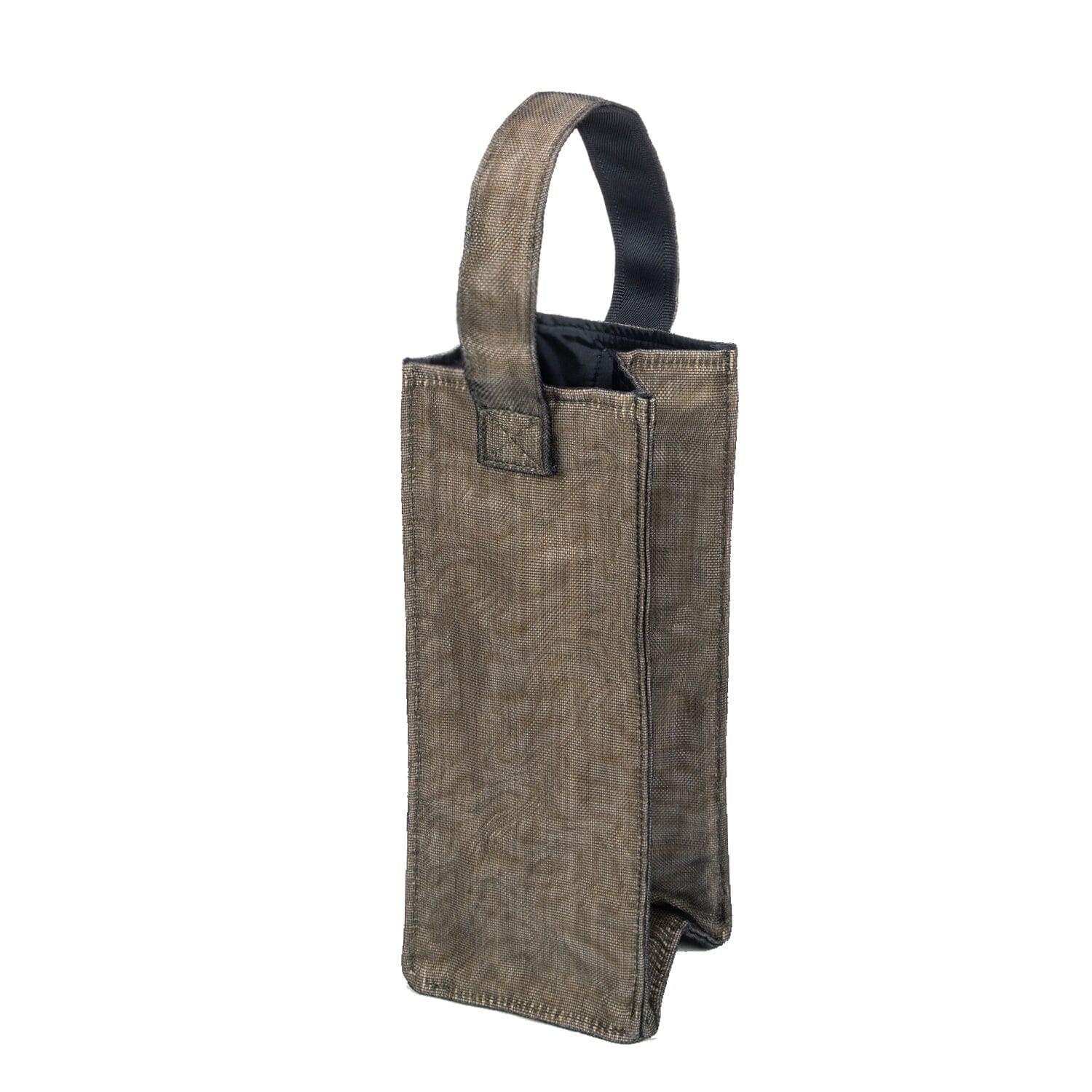 Bronze handmade wine tote bag made from recycled industrial net by Smateria, side view