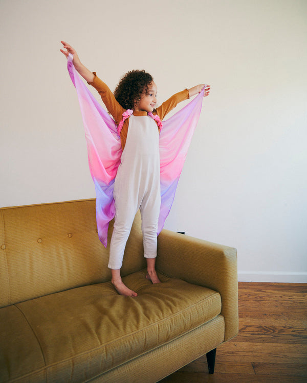 Eco-friendly fun!  These mulberry silk Butterfly Wings inspire imaginative play & double as a Halloween costume! Easy wear, ages 3+, sustainable.