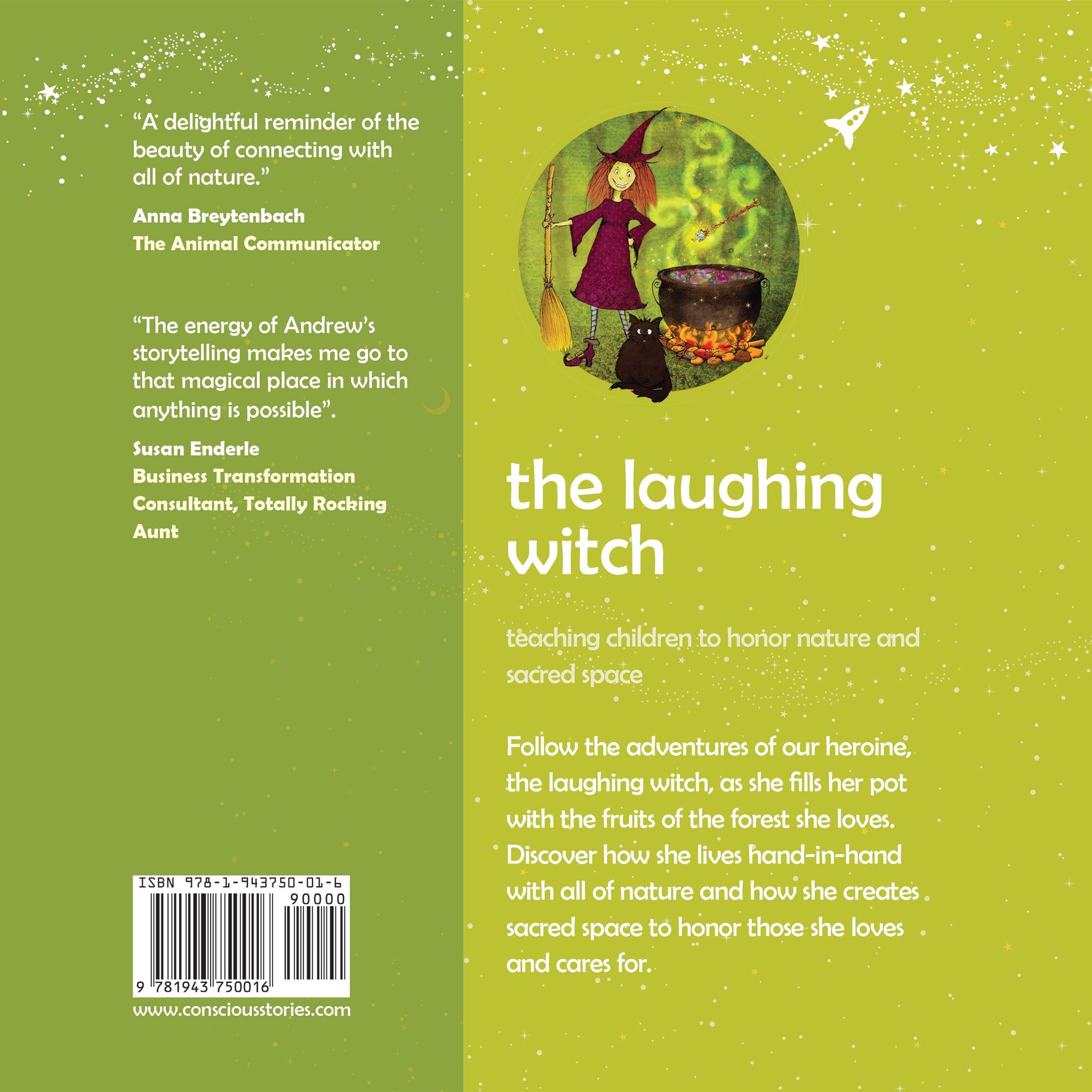 Back cover of The Laughing Witch nature and mindfulness picture book for kids ages 3 to 8