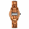 Wooden watch with a zebrawood pattern on a white background