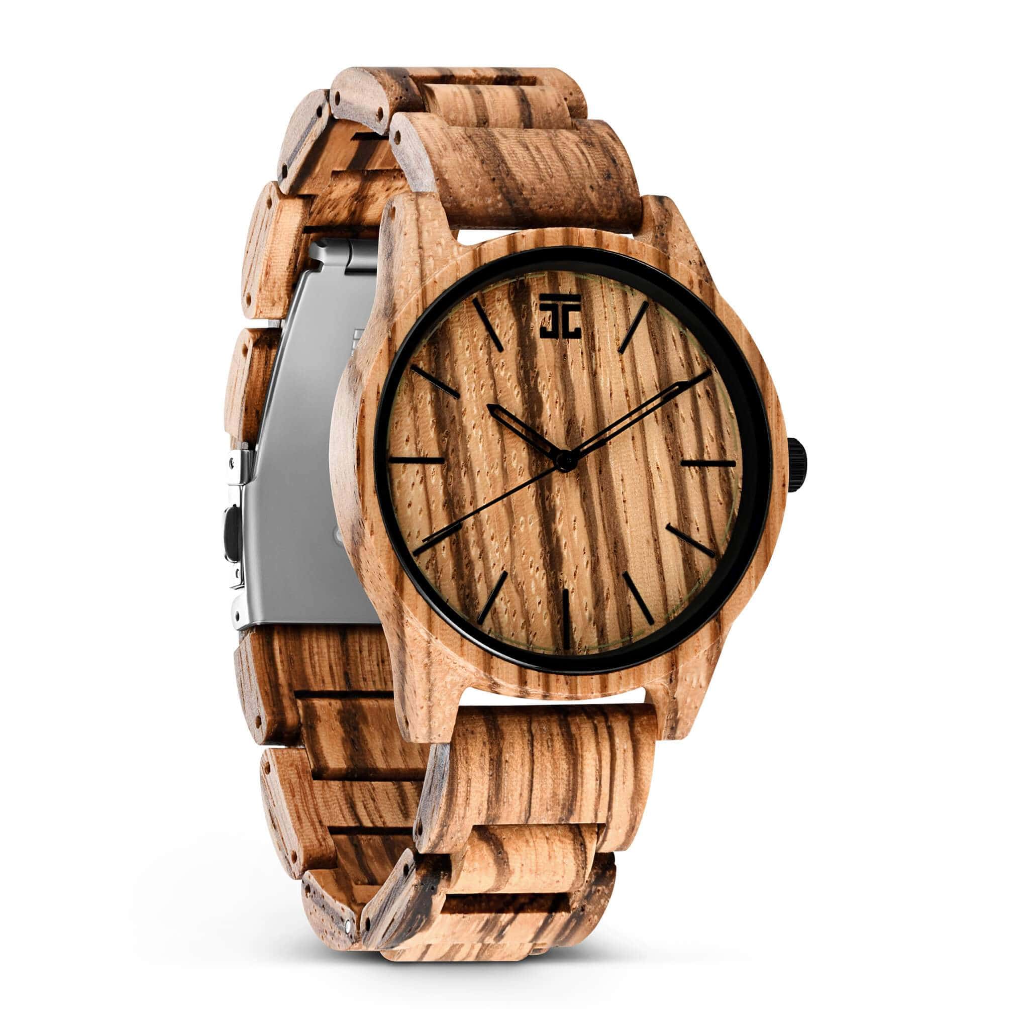 Wooden watch with black face and silver accents on a white background