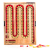 Wooden cribbage board with red and yellow pegs on a white background